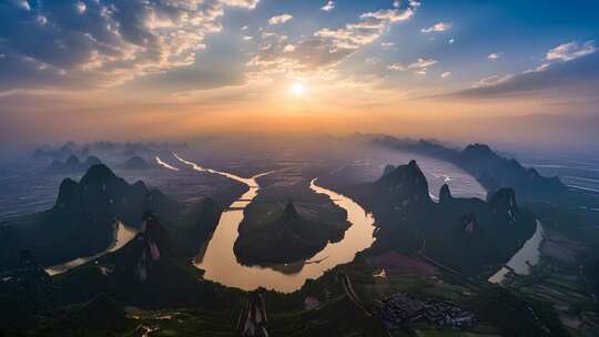 日出时分的壮丽山河景观