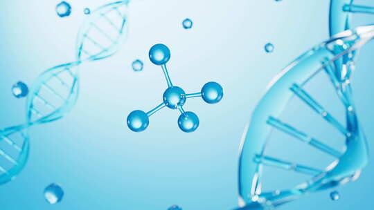 蓝色背景下的DNA和分子结构，3d渲染。