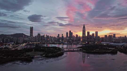深圳湾人才公园看深圳CBD大厦和日落夜景