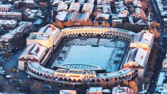 航拍天津五大道民园广场雪景