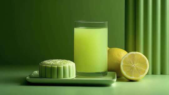 清新柠檬饮品与月饼的绿色静谧相遇