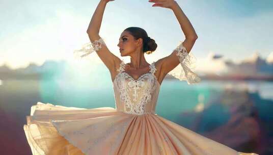 户外舞者穿纱裙优雅起舞