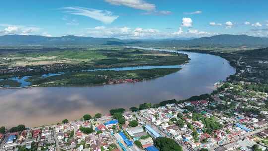 航拍泰国老挝清盛城市湄公河河滨景观视频素材模板下载