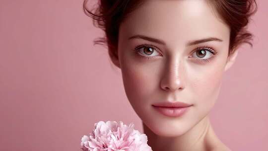 粉色背景下美丽女性的肌肤护理展示