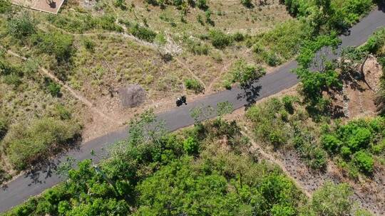 摩托车骑过林间公路航拍