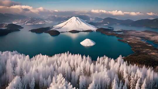 冬季雪山湖泊森林全景