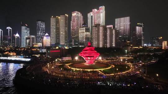 航拍青岛五四广场奥帆中心夜景4K高清原素材