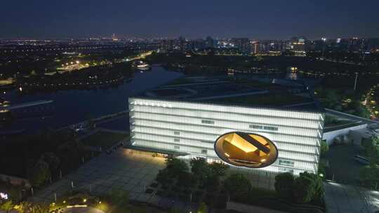 上海保利大剧院夜景航拍嘉定新城城市风光视频素材模板下载