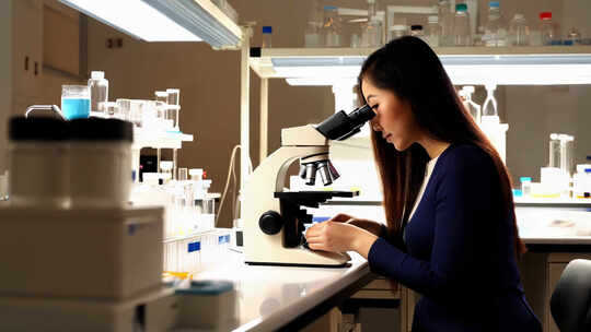 女人生物实验室用显微镜做实验