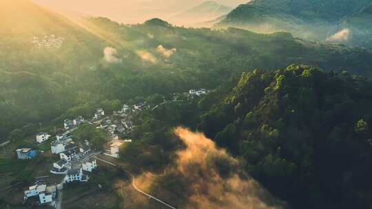 航拍安徽歙县山区石潭清晨风光4K