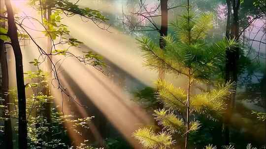 森林晨雾树林阳光唯美天然氧吧大自然风景风