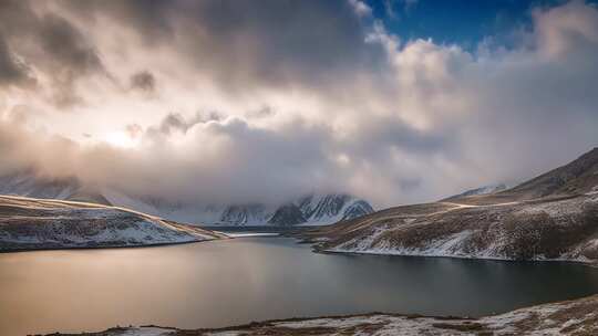 雪山下宁静湖泊自然风光