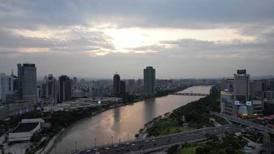 浙江宁波城市晚霞夜幕降临航拍