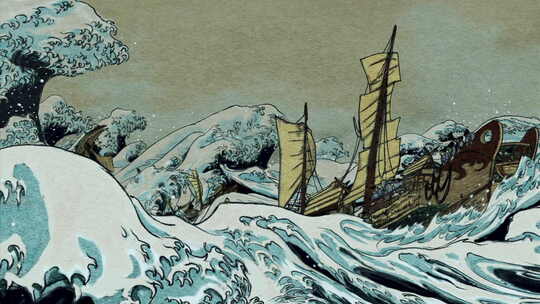 日本古代出海大浪中的船只 冲浪里动画视频