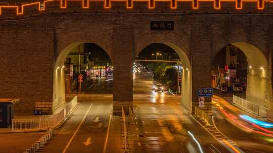 8K陕西西安古城墙尚德门交通夜景车流延时视频素材模板下载