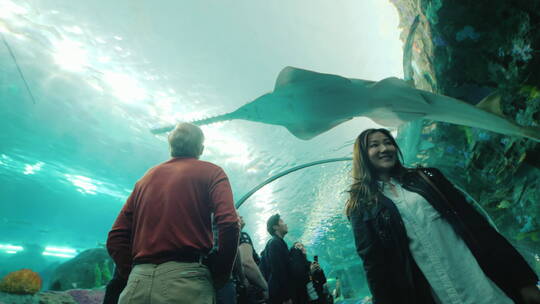 游客在水族馆游玩