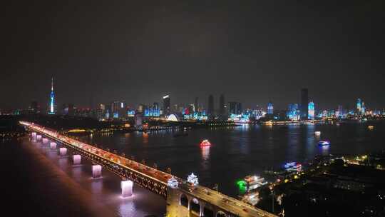 武汉长江大桥夜景航拍长江夜景城市建筑风光