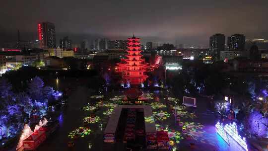 甘肃张掖木塔寺夜景灯光航拍