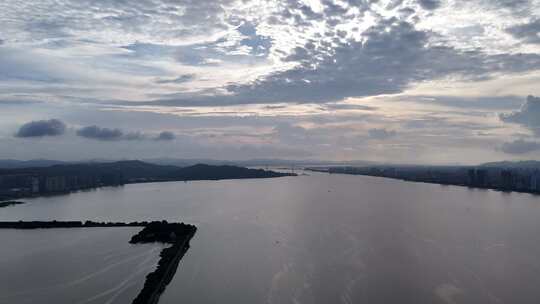 广东汕头海湾夕阳晚霞航拍