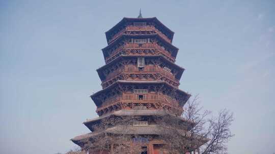 山西省朔州市应县佛宫寺木塔，冬季雪景