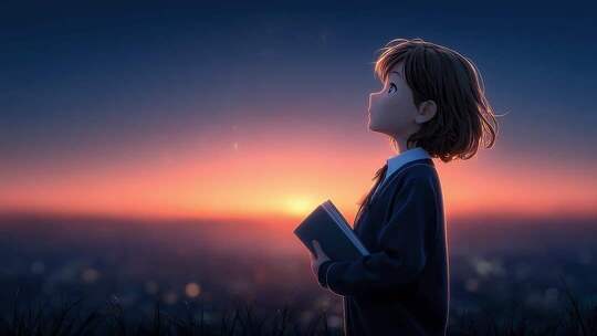 少女眺望日落思考未来