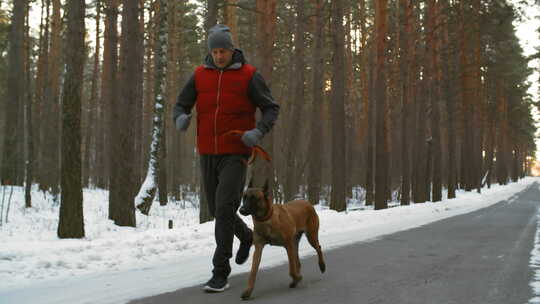 活跃中年男子带狗跑步