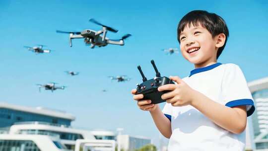 男孩户外操控无人机画面