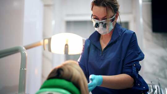 女性牙医在给病人检查牙齿