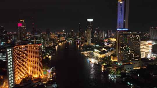 航拍泰国曼谷湄南河城市天际线夜景风光