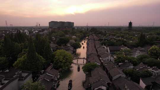 浙江嘉兴乌镇傍晚航拍