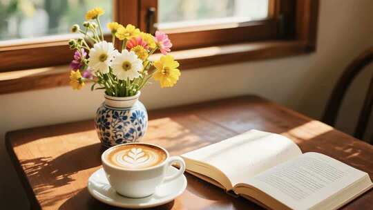 阳光咖啡馆花艺杯具温馨场景