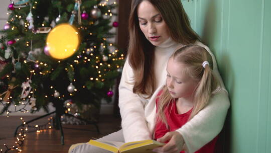 圣诞节母亲陪女儿读书