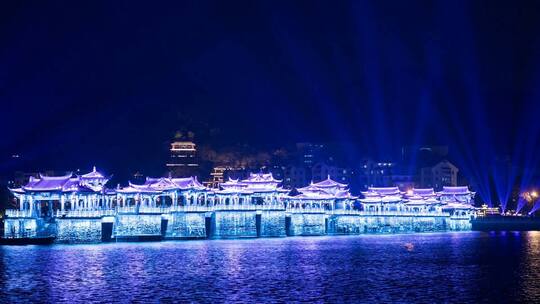 潮州广济桥灯光秀 潮州湘子桥夜景延时