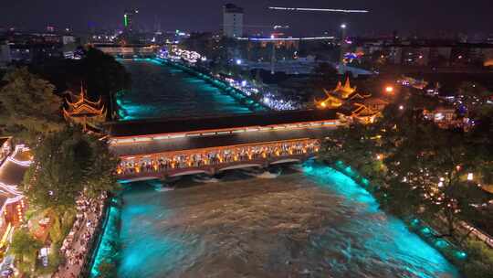 成都市都江堰南桥夜景航拍