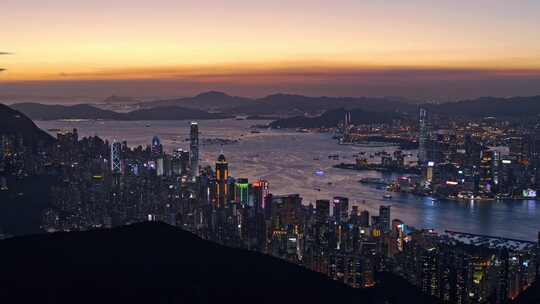 香港维多利亚港城市夜景蓝调航拍