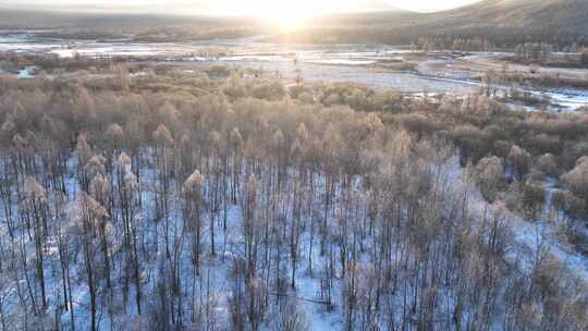 航拍雪原阳光树林雾凇