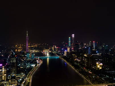 广州塔日转夜延时摄影航拍珠江新城猎德大桥