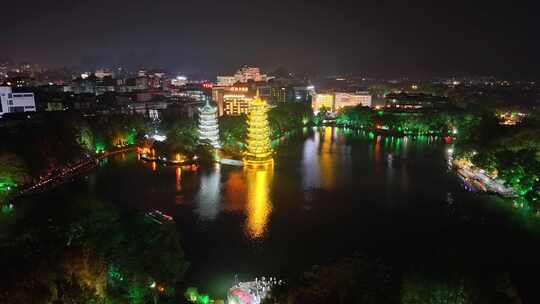 航拍广西桂林日月塔夜景