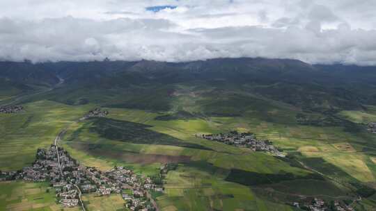 青藏高原门源油菜花海云雾草山村庄白云远山