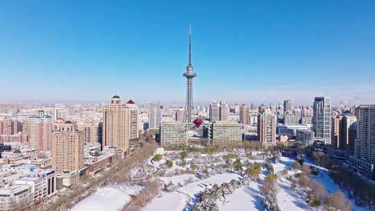 中国黑龙江哈尔滨龙塔城市雪景航拍