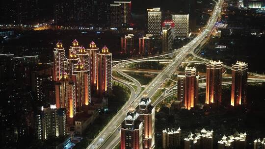 武汉汉口航拍夜景高架桥高楼灯光秀马路