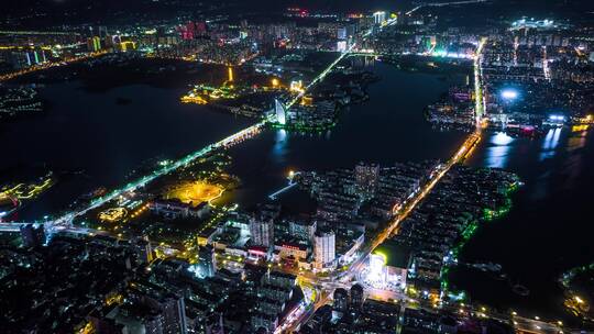 航拍鄂州城区夜景全景平流雾延时