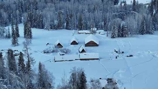 新疆冬季旅游 禾木冬天 村庄 禾木雪景视频素材模板下载