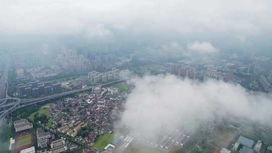 杭州滨江城市雨天风景航拍