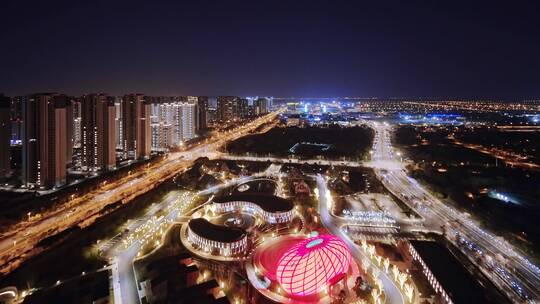 无锡尚贤湖基金PARK和道路晚上夜景航拍视频素材模板下载