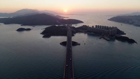 香港航拍青马大桥黄昏日落