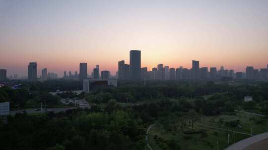 山东日照城市夕阳晚霞日落航拍