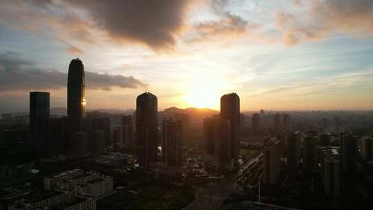 浙江台州城市高楼日出彩霞航拍