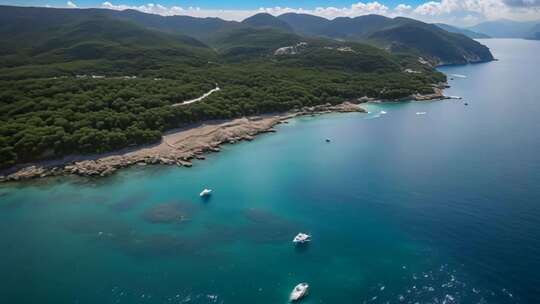 海岸山林与海面船只俯瞰