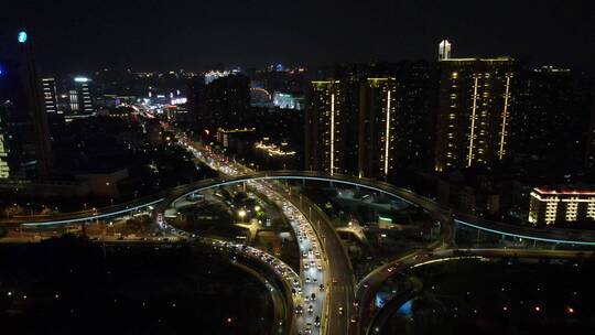 航拍福州城市交通高架桥夜景灯光拥堵交通视频素材模板下载